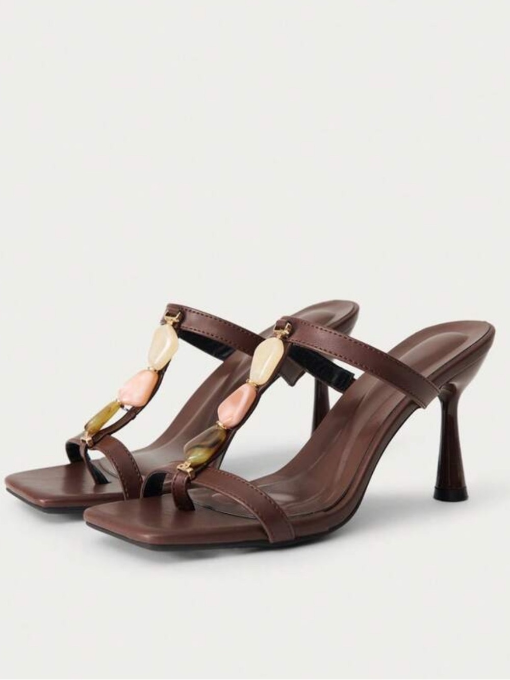 Brown Beaded T-Strap faux leather open toe Heel Sandals